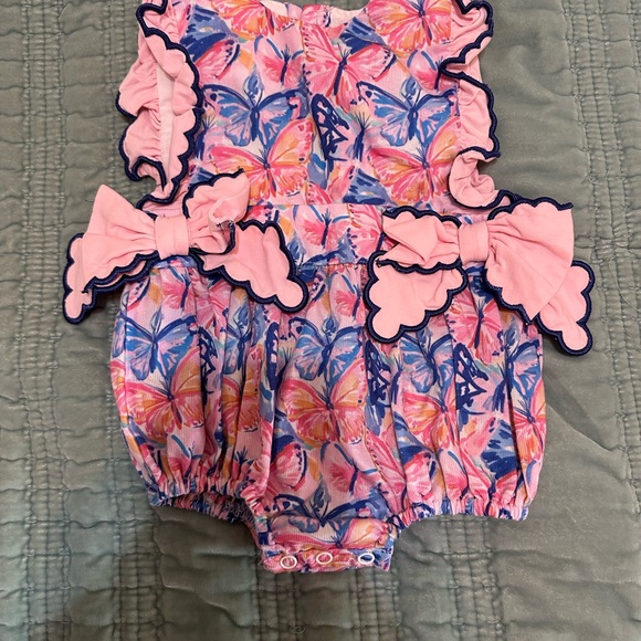 The Smocked Flamingo Other - Baby Girls Pink Butterfly Bow One-Piece Romper